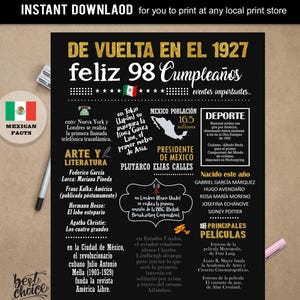 Mexico poster Feliz 98 cumpleaños - Nacido 1927 INSTANT DOWNLOAD