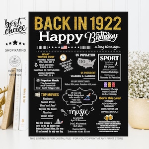 Back in 1922 sign - 103rd birthday gift ideas for grandparents - INSTANT DOWNLOAD
