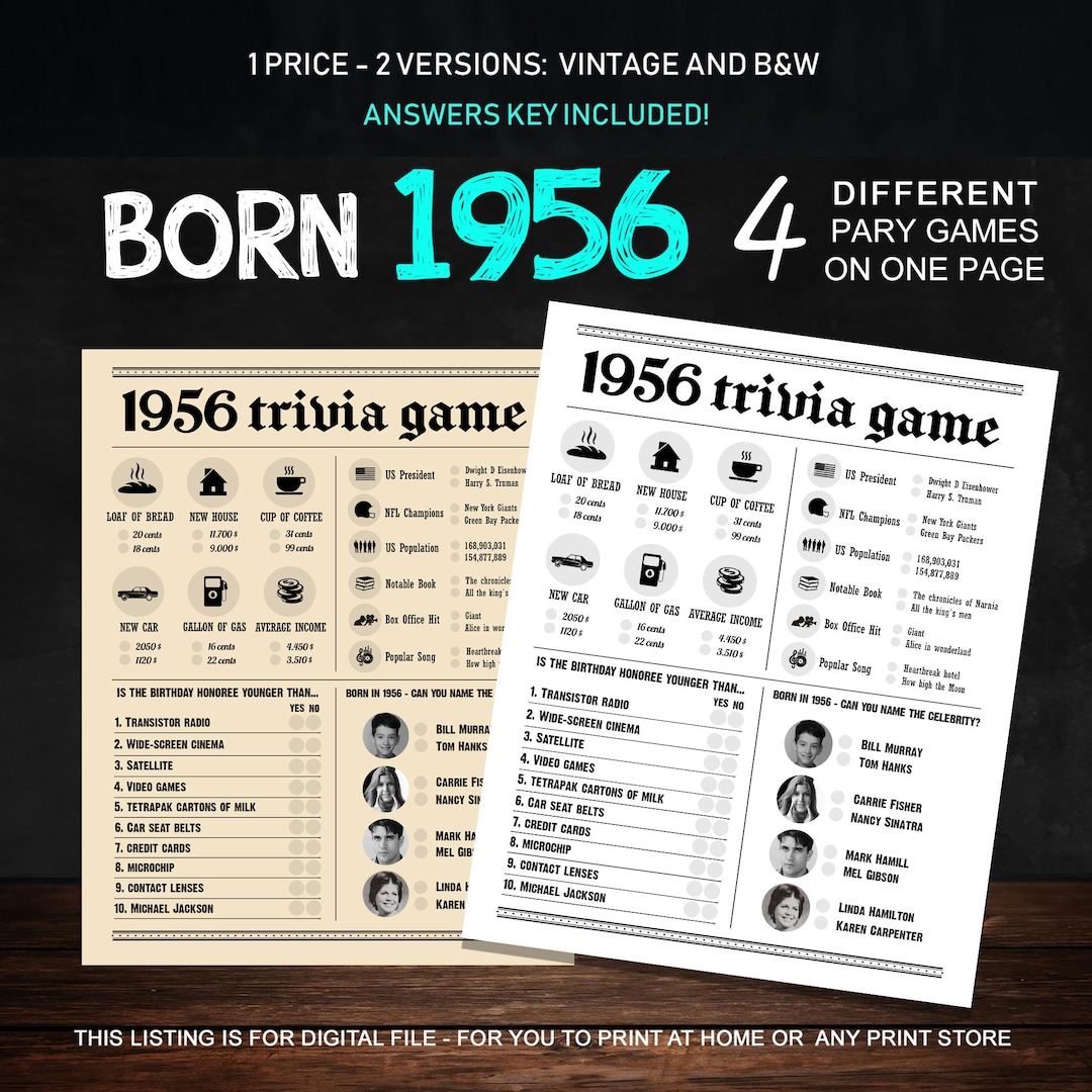 68th Birthday Party Games Printables Trivia Games Born 1956 INSTANT ...