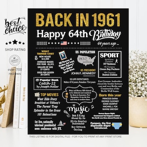 Back in 1961 sign - 64th birthday gift ideas for him or her - INSTANT DOWNLOAD