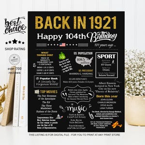 Back in 1921 sign - 104th birthday gift poster for him or her