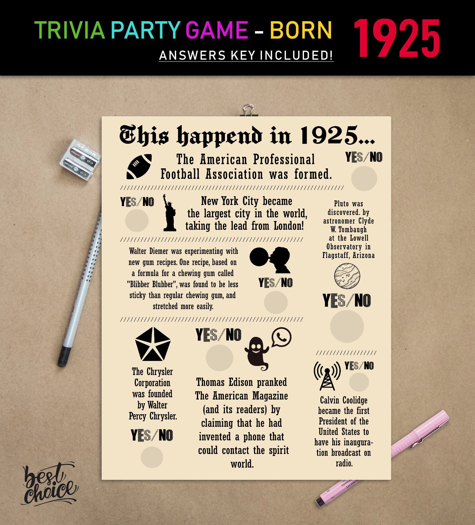 97th Birthday Party Games Printables Trivia Games Born 1925 - Etsy