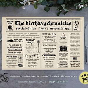 Dinner Tablemat 82nd birthday - 1943 birthday tablemat ideas - INSTANT DOWNLOAD