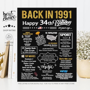 Back in 1991 sign - 34th birthday gift ideas for man or woman - INSTANT DOWNLOAD