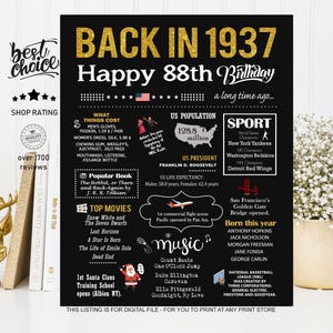 Back in 1937 sign - 88th birthday gift idea for Men, Women, Wife, Husband  INSTANT DOWNLOAD