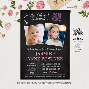 Invitaciones de cumpleaños 8o con imagen para niñas / personalizada pizarra collage invitación para niña niño - invitación de fiesta