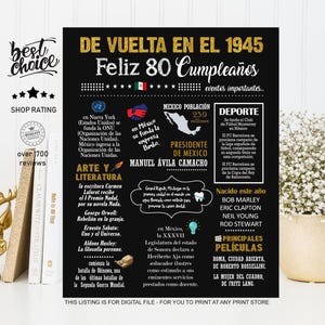 Mexico-poster Feliz 80 cumpleaños - Nacido 1945 INSTANT DOWNLOAD