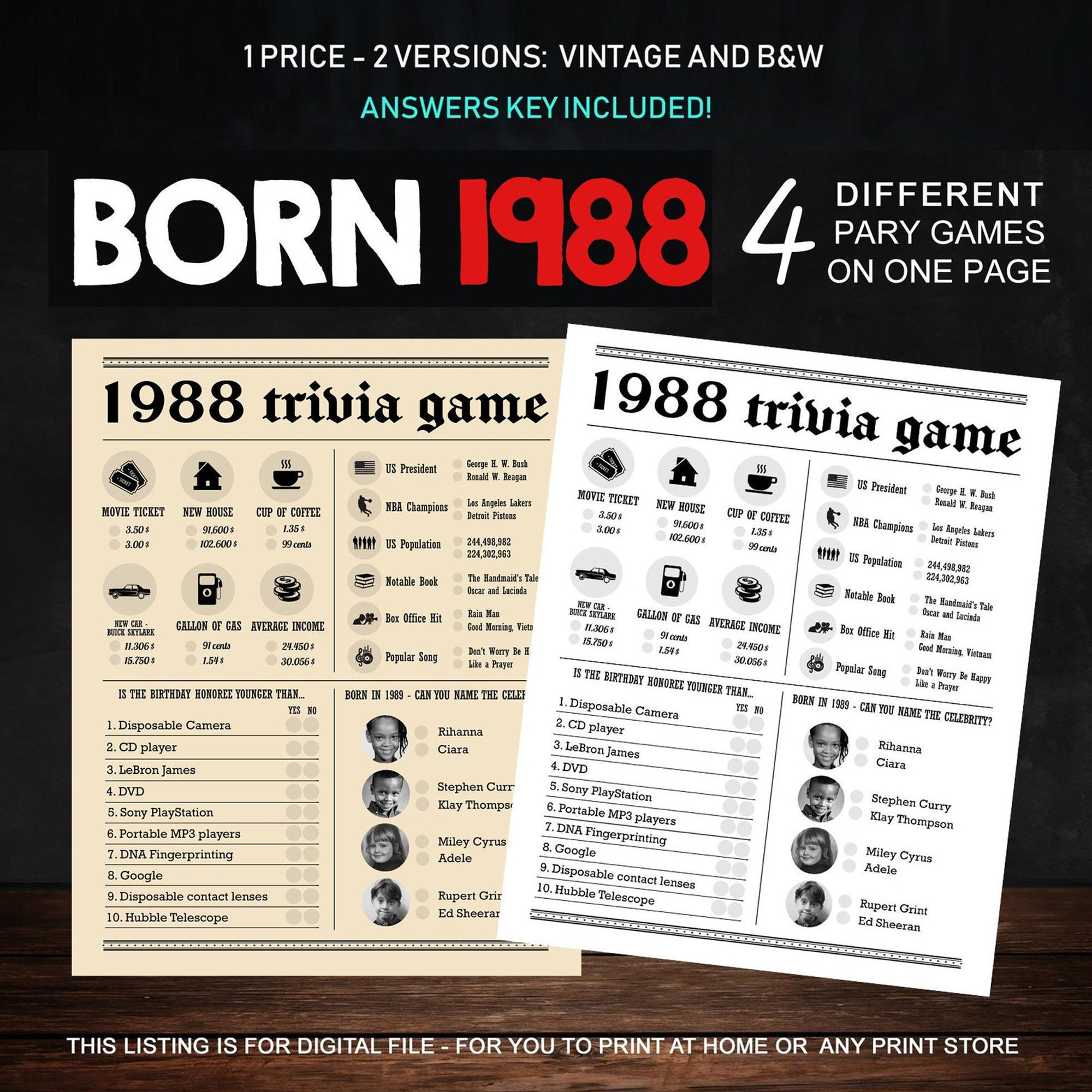 37th Birthday Party Games Printables - Trivia Games Born 1988 - INSTANT DOWNLOAD