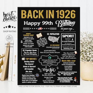 Back in 1926 sign - 99th birthday party gift ideas for him or her - INSTANT DOWNLOAD