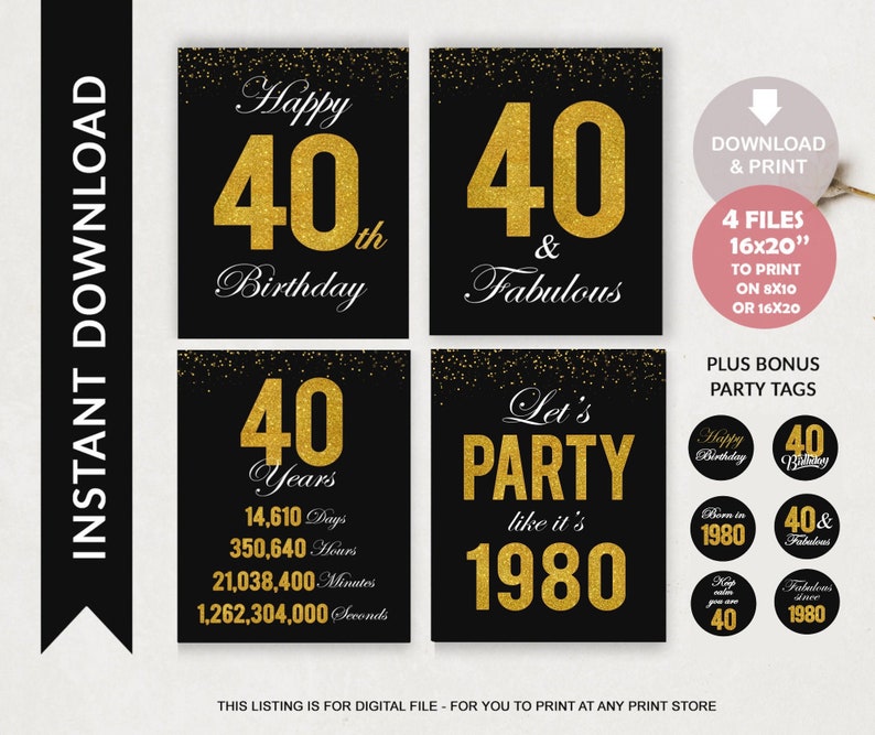 Printable 40th Birthday Signs Black and Gold Sparkle Welcome Etsy Printable 40th Birthday Signs Black and Gold Sparkle Welcome Etsy