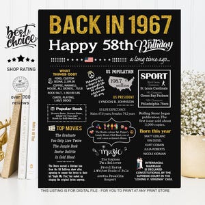 Back in 1967 sign - 58th birthday gift ideas for him or her - INSTANT DOWNLOAD