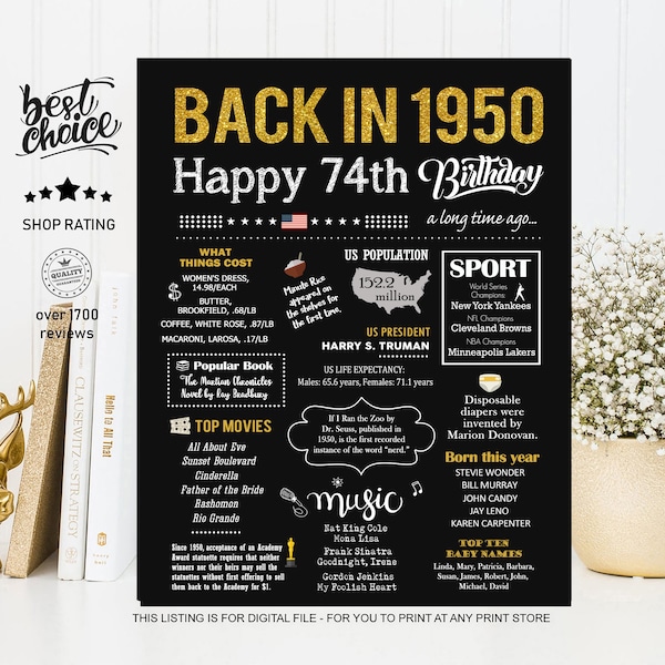 Back in 1950 sign - 74th birthday gift ideas for woman or man, grandparents - INSTANT DOWNLOAD