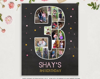 Girls 3rd Birthday chalkboard sign collage - Custom birthday Photo collage - Christmas photo collage - DIGITAL FILE!