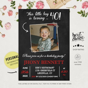 40th Birthday Invitation with picture for men | Chalkboard collage photo invite for him husband brother son boyfriend dad |  DIGITAL file!