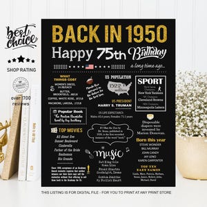 Vintage 1950 Schild - 75.Geburtstag Geschenkidee für Frau oder Mann, Großeltern - INSTANT DOWNLOAD