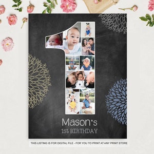 Boys or Girls First birthday photo backdrop board - 1st birthday number photo collage memory gift - Custom wall decoration - DIGITAL FILE!