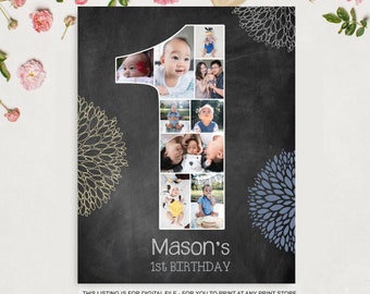 Boys or Girls First birthday photo backdrop board - 1st birthday number photo collage memory gift - Custom wall decoration - DIGITAL FILE!