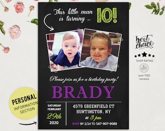 10th Birthday Invitations with picture for boys | Personalized Chalkboard collage photo invite for boy best son in law - party invite