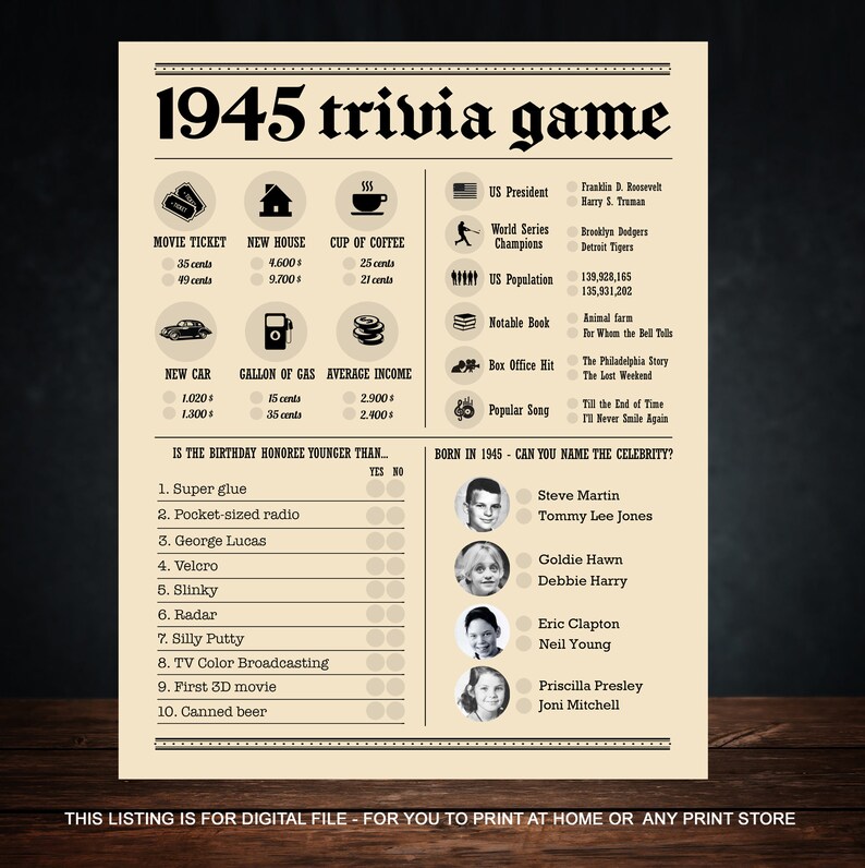 75th Birthday Party Games Printables Trivia Games Born