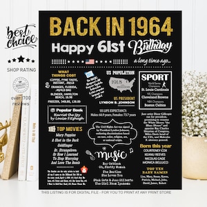 Back in 1964 party sign - 61st birthday sign for Men or Women - Instant Download