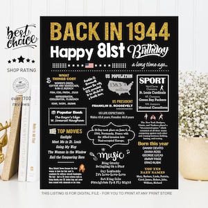 Back in 1944 - 81er Geburtstagsschild für Männer, Frauen, Frau oder Mann - INSTANT DOWNLOAD