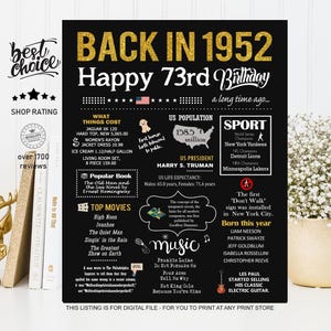Back in 1952 sign - 73rd birthday gift ideas for grandparents INSTANT DOWNLOAD