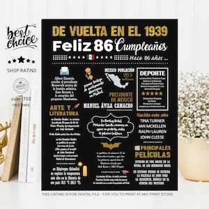 86 cumpleaños Mexico Poster regalo para esposa y esposo - Feliz 86 cumpleaños - Nacido 1939 INSTANT DOWNLOAD