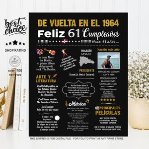 Feliz 61 cumpleaños Póster regalo - Nacido 1964 República Dominicana - INSTANT DOWNLOAD