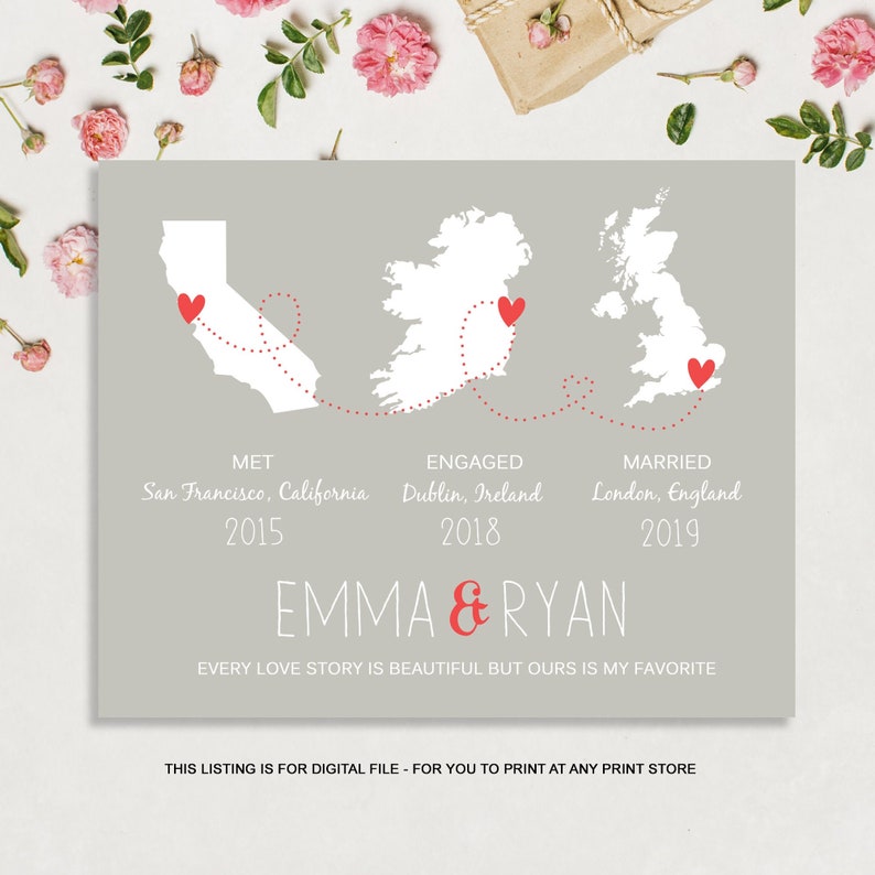 1st anniversary gift for wife Custom wedding map gift for ...