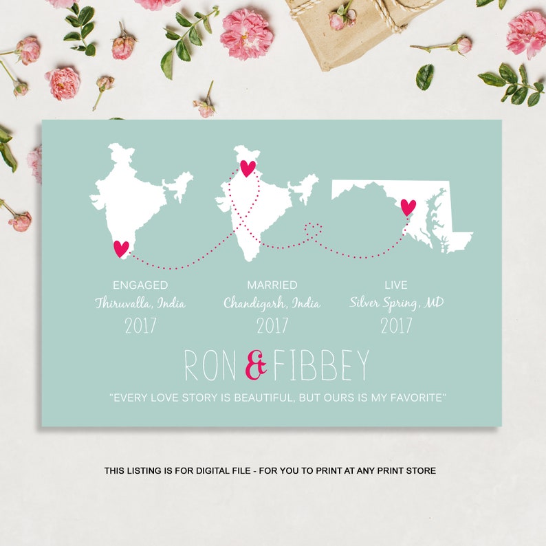 1st anniversary gift for wife Custom wedding map gift for ...