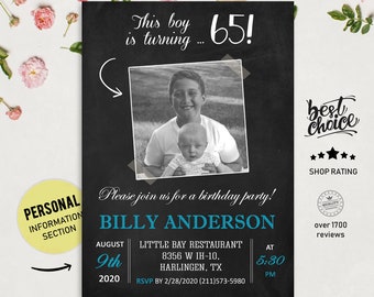 65th Birthday Invitations with picture for men | Chalkboard Photo collage invitation for him grandpa granddad adults veteran | DIGITAL file!