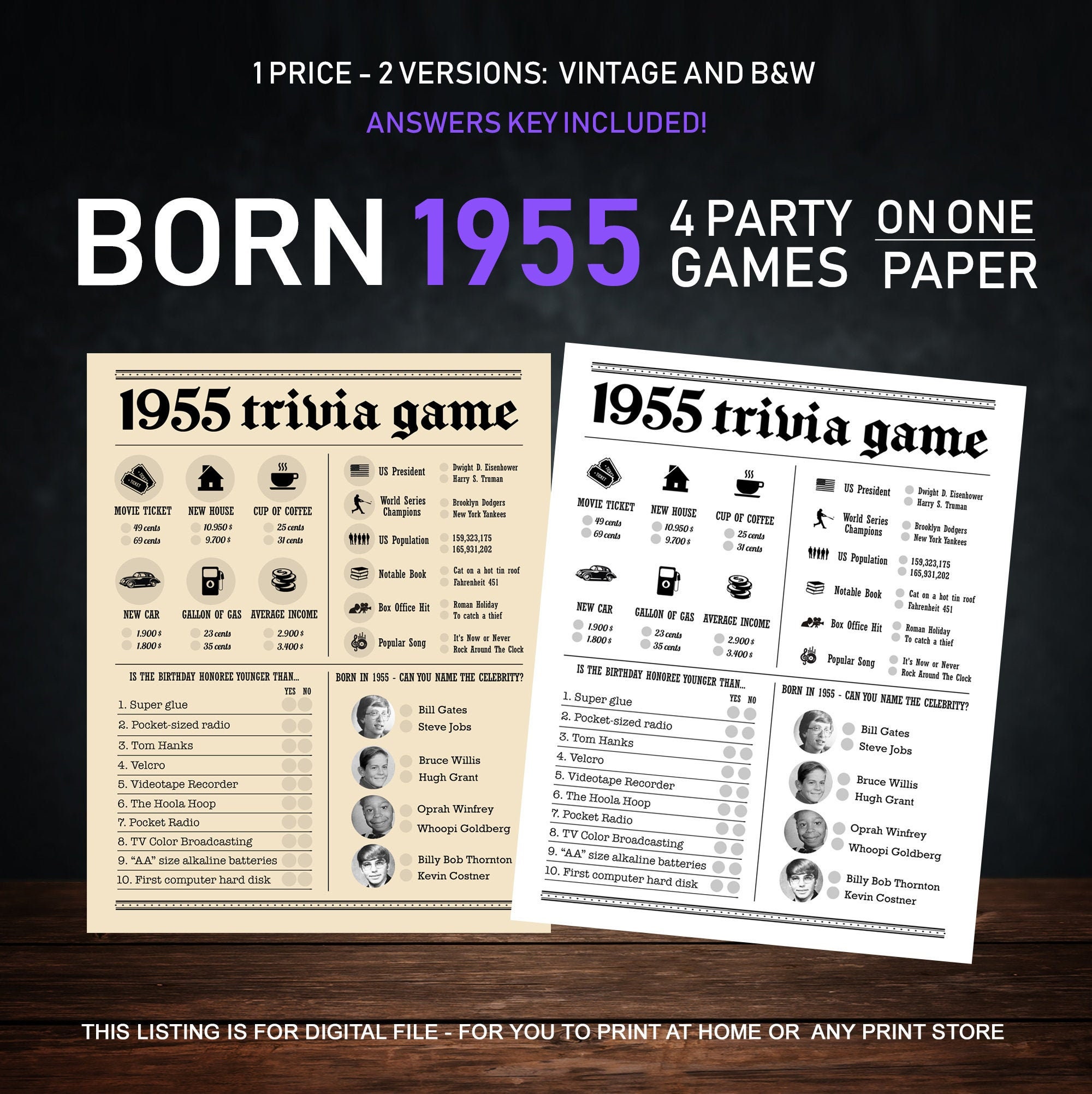 65th Birthday Party Games Printables Trivia Games Born 1955 Etsy