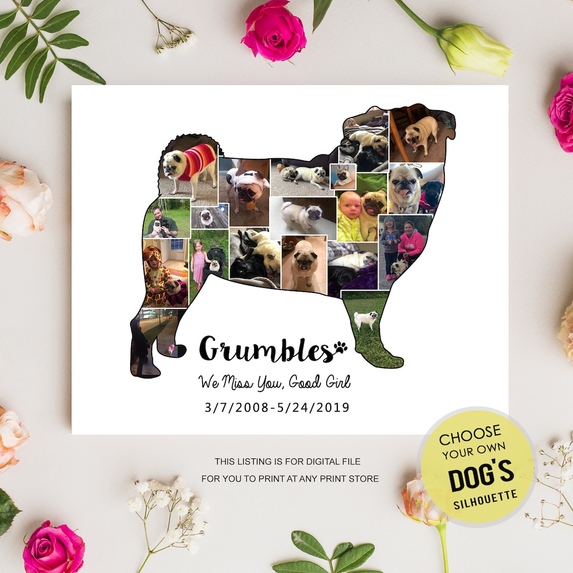 Pug Dog Photo Collage for Pet Loss Memorial Any Dog Breed Etsy