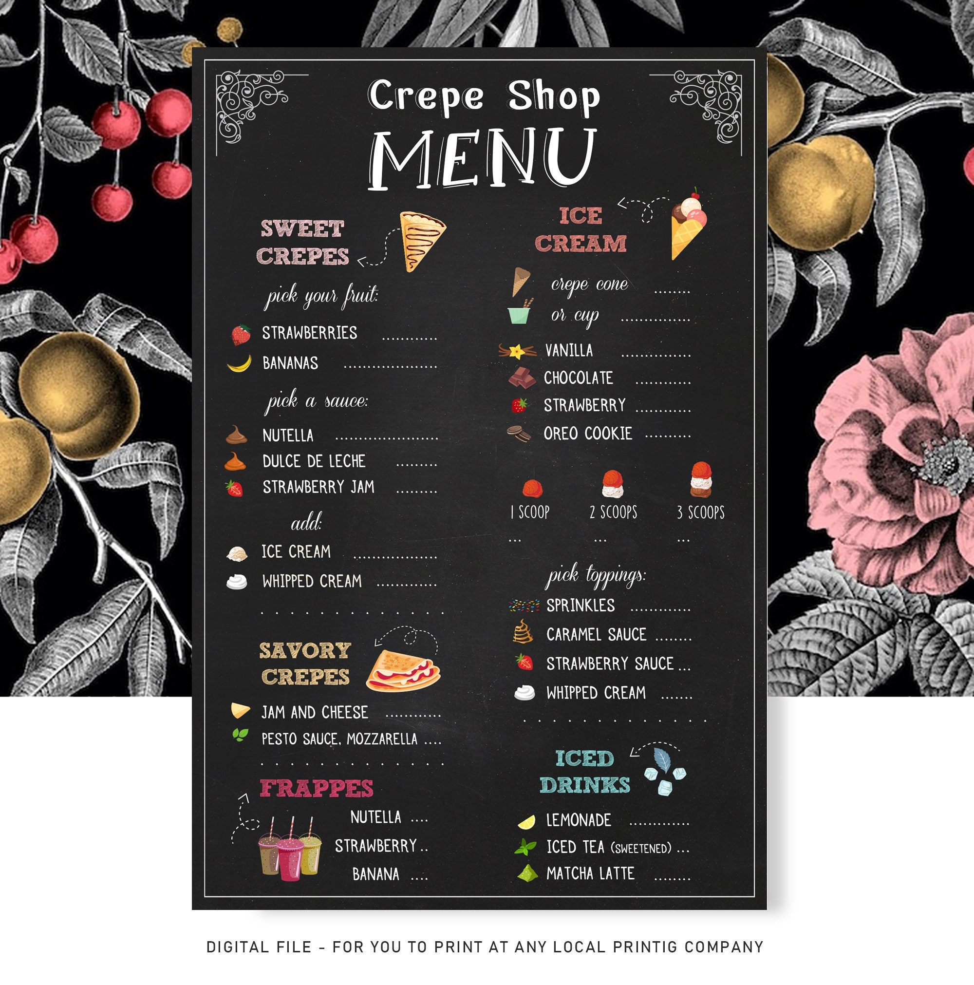 Chalkboard Crape Menu Sign - Personalized Party Wedding Food Ice Cream ...