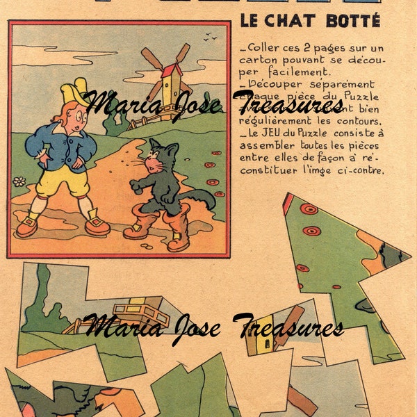 Vintage French Paper Puzzle "Puss in boots" Cut Outs - Digital Download