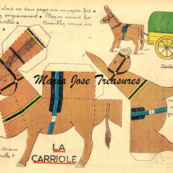 Antiguas Burro y carro cubierto francés modelos de papel - Digital