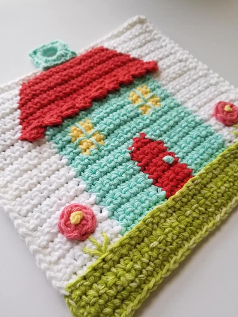 Home Sweet Home Crochet Potholder Ready to Ship Hotpad Vintage Potholder Trivet