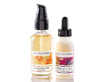 Set de cuidado facial Perfect Ten con sérum y aceite limpiador, set de cuidado facial natural, sérum antiedad, limpiador facial en aceite, sérum facial, cuidado facial vegano.