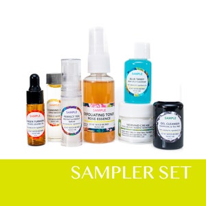 May include: A sampler set of skincare products from Leaf Seed Berry Skincare. The set includes a blue milk jelly cleanser, a ginger turmeric infused jojoba oil, a citrus medley cleansing oil, a perfect ten protect and perfect serum, an exfoliating toner rose essence, a mermaid cream hyaluronic marine moisturizer, and a gel cleanser charcoal and tea tree.