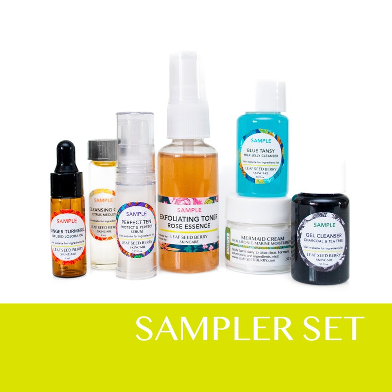 May include: A sampler set of skincare products from Leaf Seed Berry Skincare. The set includes a blue milk jelly cleanser, a ginger turmeric infused jojoba oil, a citrus medley cleansing oil, a perfect ten protect and perfect serum, an exfoliating toner rose essence, a mermaid cream hyaluronic marine moisturizer, and a gel cleanser charcoal and tea tree.