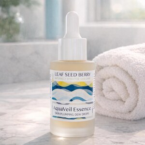 May include: A clear glass bottle of AquaVeil Essence skin-plumping dew drops with a white dropper top. The bottle has a label with the text "LEAF SEED BERRY" and "AquaVeil Essence". A white rolled towel is in the background.