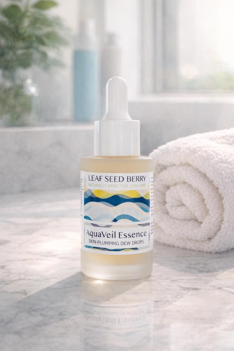 May include: A clear glass bottle of AquaVeil Essence skin-plumping dew drops with a white dropper top. The bottle has a label with the text "LEAF SEED BERRY" and "AquaVeil Essence". A white rolled towel is in the background.