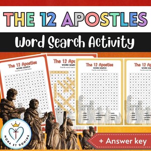 May include: A printable word search activity featuring the 12 Apostles. The activity includes three different word search puzzles with an answer key. The puzzles are set against a background of a painting of the 12 Apostles.