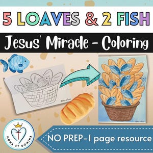 Jezus wonder voedt de 5000 5 broden 2 vissen vouwen verborgen verrassing kleurplaat afdrukbare zondagsschool bijbelles digitale download