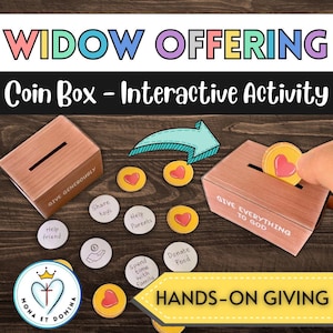 Actividad sobre la ofrenda de la viuda pobre. Lección bíblica sobre la generosidad. Manualidad interactiva para colorear una hucha. Descarga digital imprimible para la escuela dominical.