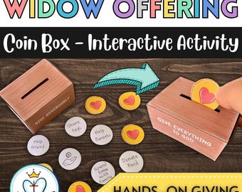 貧しい未亡人の献金活動 寛大さの聖書レッスン 工作 インタラクティブなコインボックス塗り絵 日曜学校用印刷可能 デジタルダウンロード