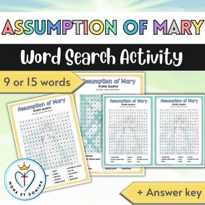 Op de afbeelding: Een promotieafbeelding voor een woordzoekactiviteit getiteld "Assumption of Mary". Het ontwerp bevat meerdere woordzoekpuzzels, een logo en de tekst "9 of 15 woorden". De titeltekst is in een kleurrijk, opvallend lettertype.