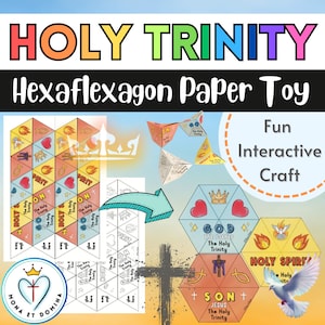 Descarga digital Juguete de papel hexaflexágono de la Santísima Trinidad para colorear interactivo Manualidad católica para niños de la escuela dominical