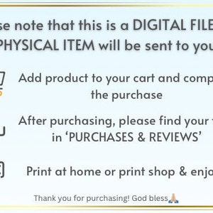 Puede incluir: Un gr&aacute;fico de instrucciones de descarga de archivos digitales con un carrito de compras, una flecha de descarga y un icono de impresora. El texto dice: "Tenga en cuenta que este es un ARCHIVO DIGITAL, NO SE ENVIAR&Aacute; NING&Uacute;N ART&Iacute;CULO F&Iacute;SICO. Agregue el producto a su carrito y complete la compra. Despu&eacute;s de comprar, busque sus archivos en 'COMPRAS Y EVALUACIONES'. Imprima en casa o en una tienda de impresi&oacute;n y disfrute. &iexcl;Gracias por su compra! Que Dios lo bendiga."