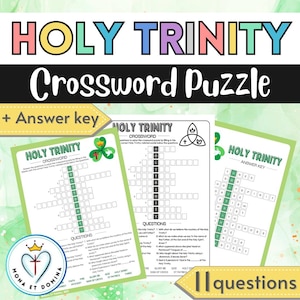 May include: A colorful educational worksheet set titled "Holy Trinity Crossword Puzzle" with an answer key. The set includes crossword puzzles and questions related to the Holy Trinity, with a green border and a shamrock graphic.
